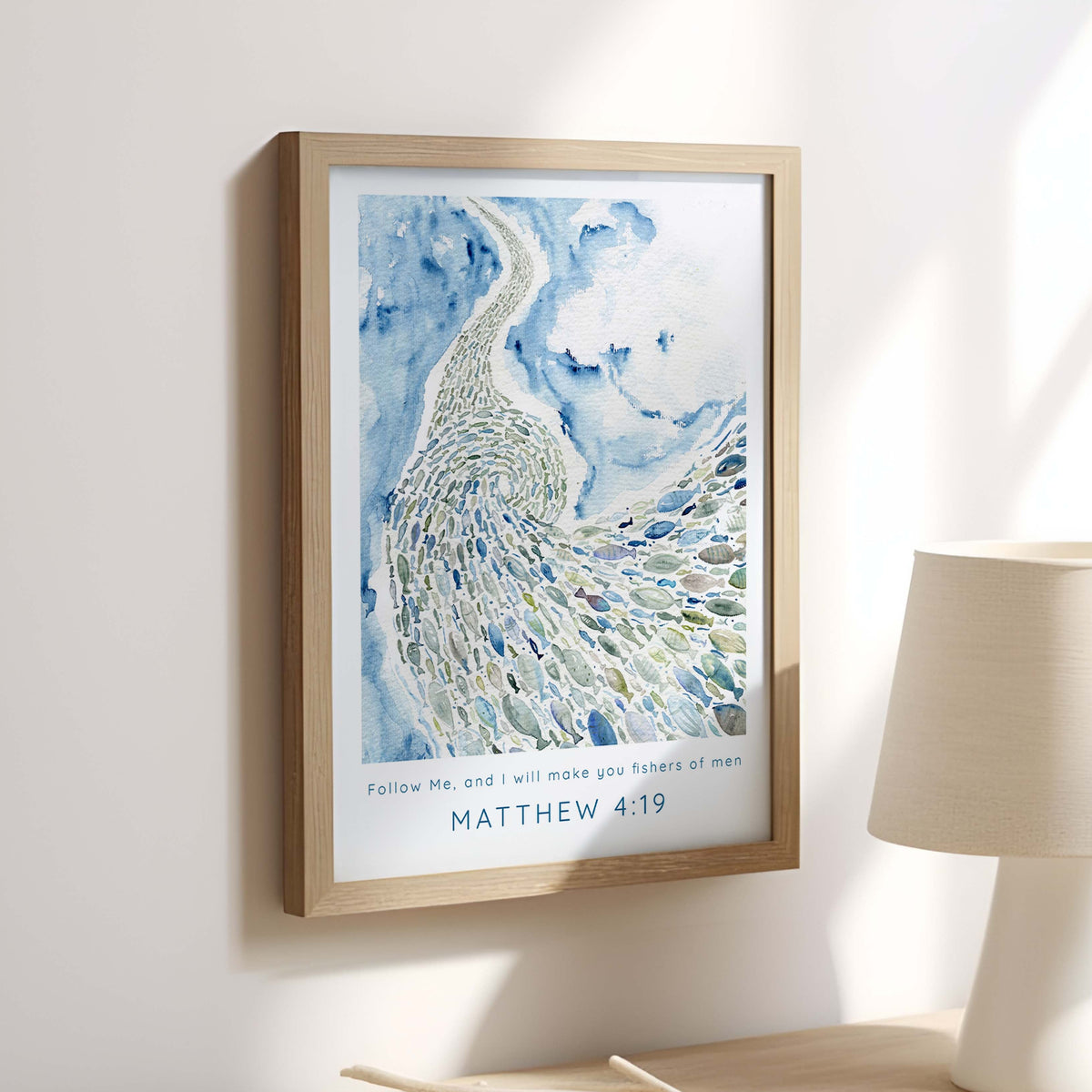 Matthew 4:19 – Fishers of men Christian wall art print with watercolour fish design.