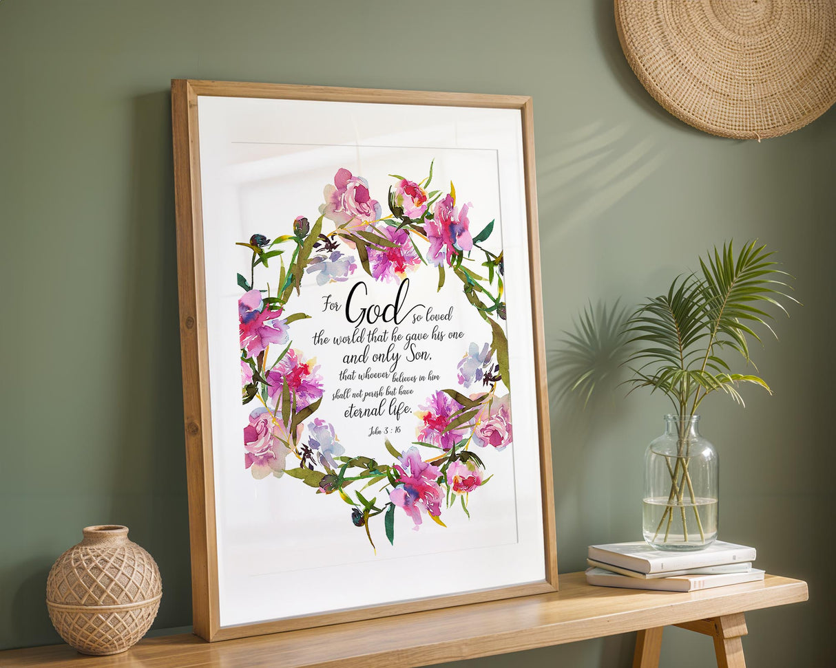 John 3:16 - Scripture wall art with delicate floral wreath and God so loved the world verse in elegant font.