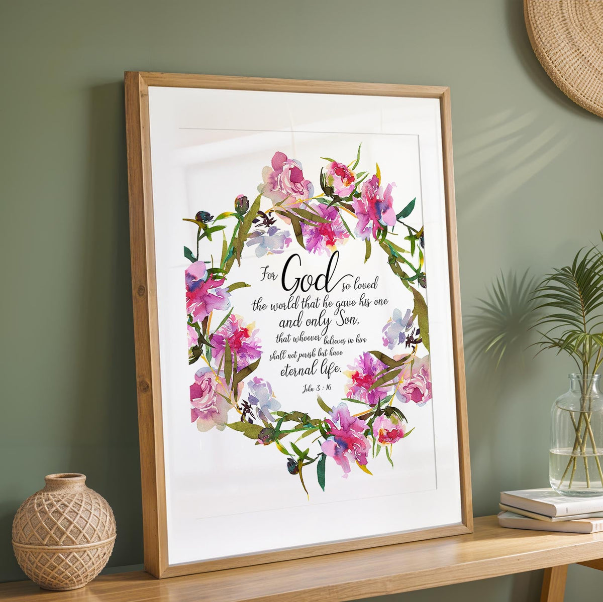John 3:16 - Scripture wall art with delicate floral wreath and God so loved the world verse in elegant font.