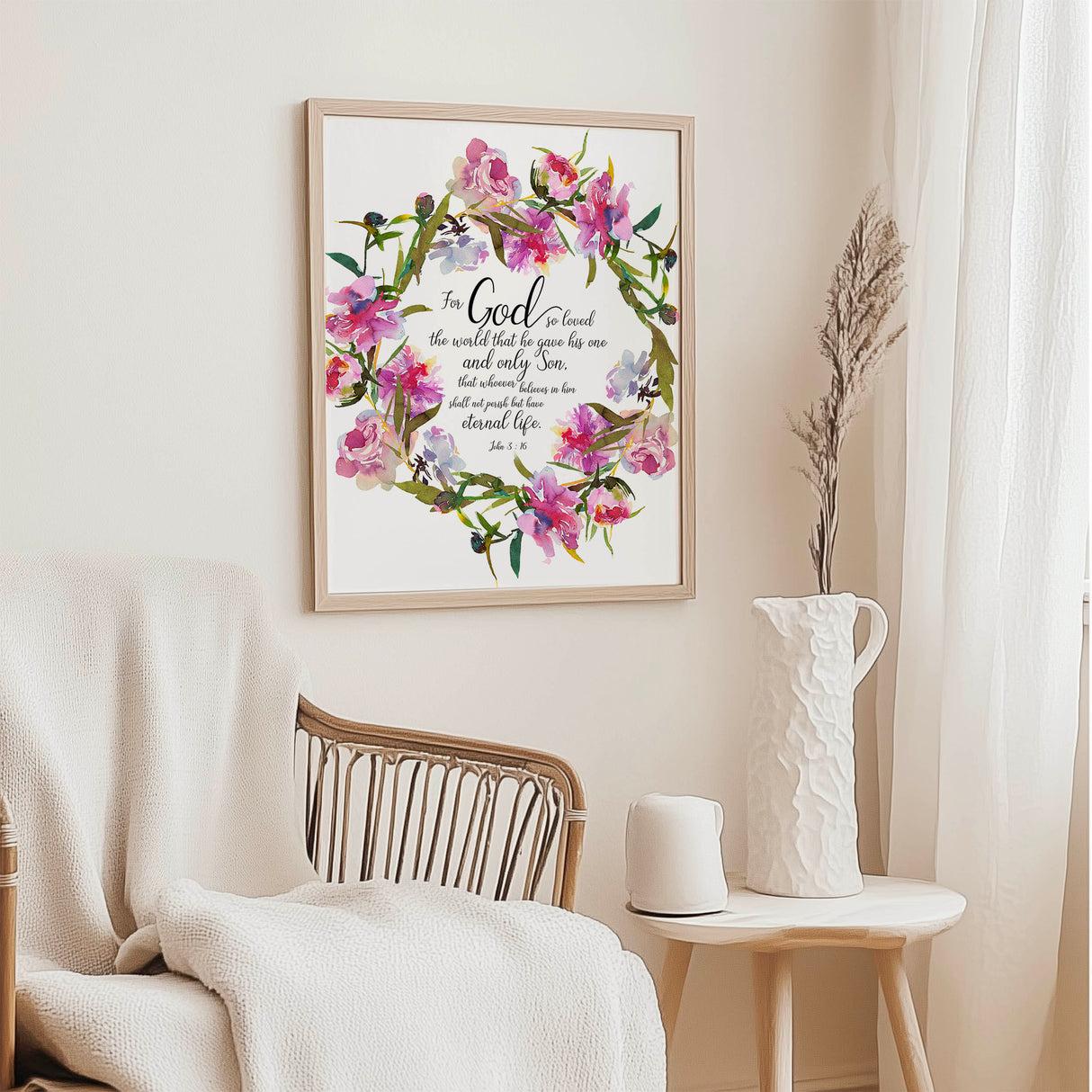 John 3:16 - Christian home decor print with pink botanical wreath framing eternal life Bible verse.