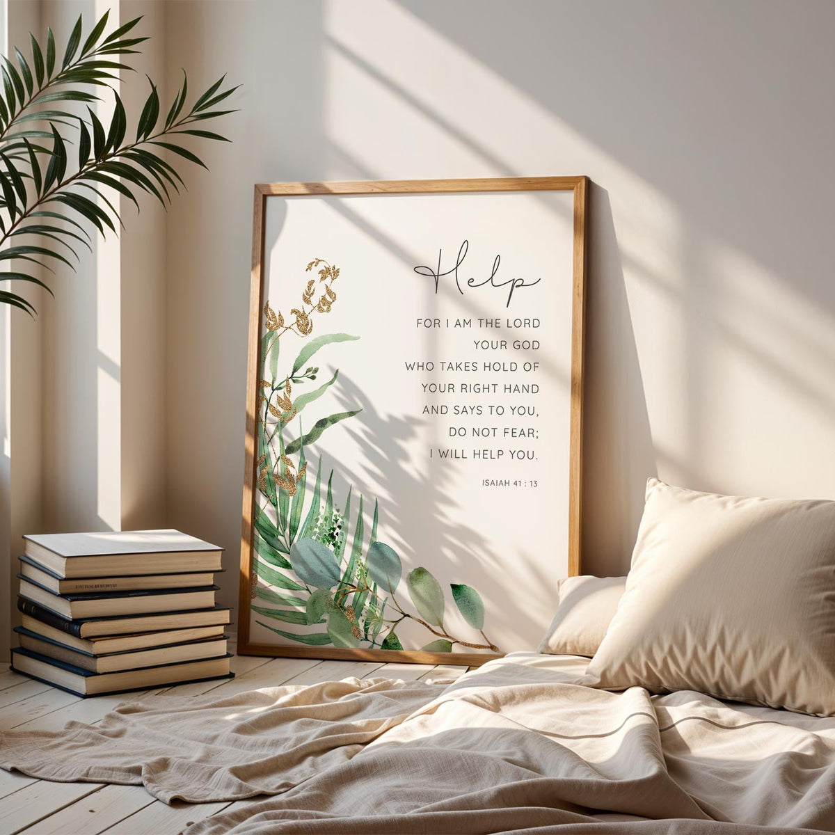 Isaiah 41:13 - Do not fear Christian wall art with green leaf botanical design, Bible verse print for faith filled home decor.