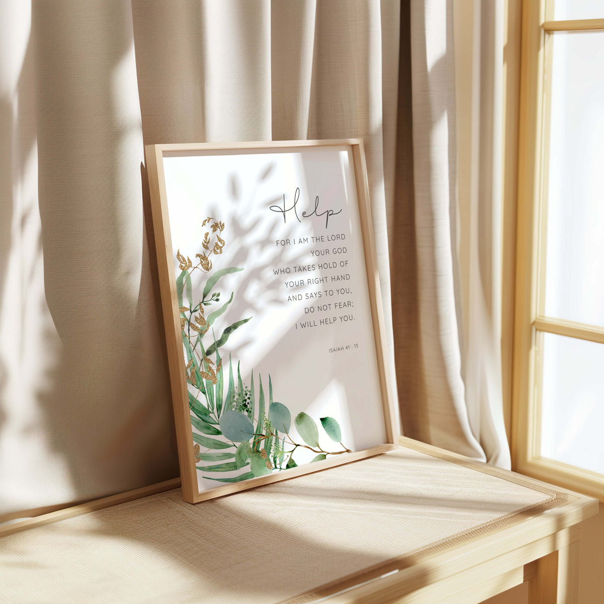 Isaiah 41:13 - Do not fear Bible verse wall art featuring delicate green botanical leaves, encouraging Christian faith decor.