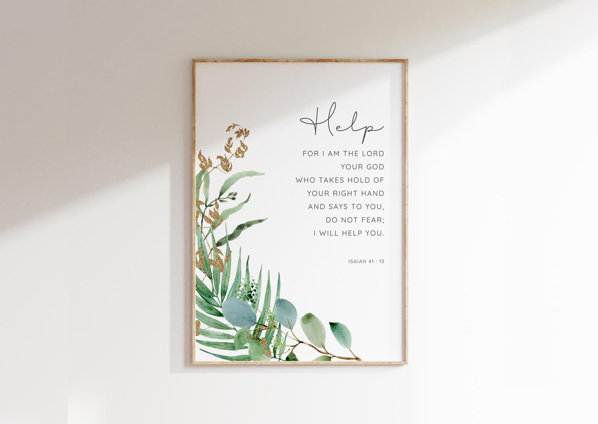 Isaiah 41:13 - Do not fear Christian Bible verse wall art with soft green botanical design, comforting scripture decor.