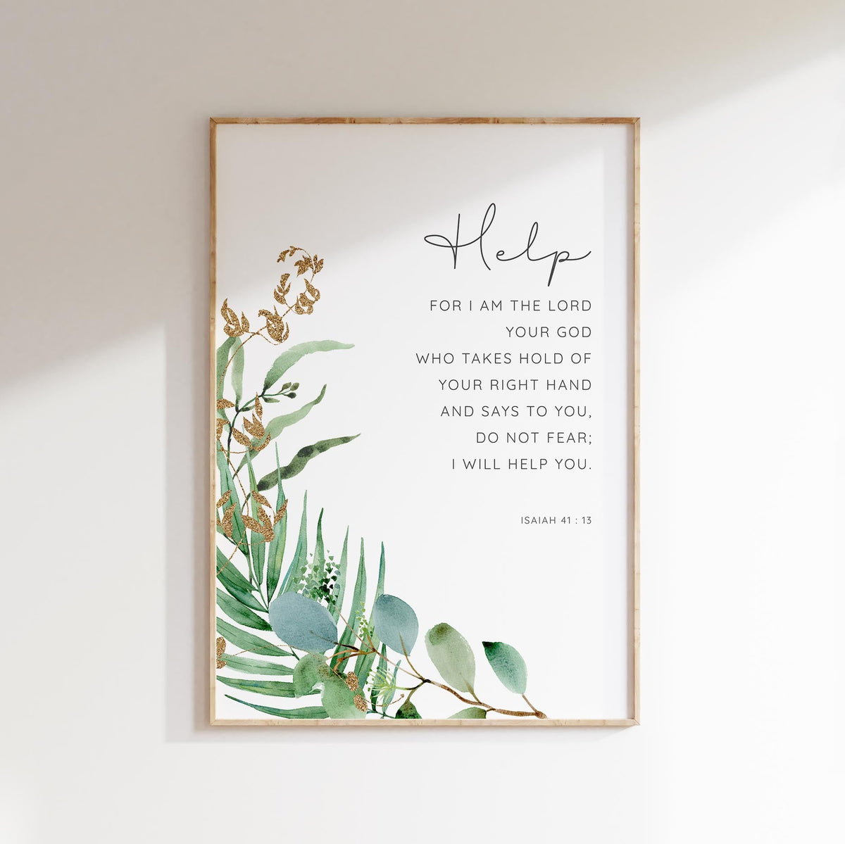 Isaiah 41:13 - Do not fear Christian Bible verse wall art with soft green botanical design, comforting scripture decor.