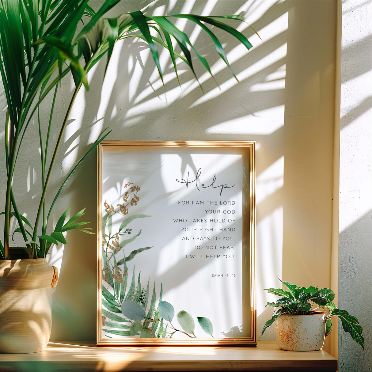 Isaiah 41:13 - Christian wall art print with do not fear scripture and leafy botanical illustration, inspirational home decor.