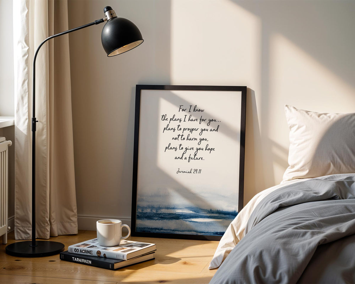Jeremiah 29:11 - For I know the plans I have for you Bible verse print with peaceful blue water design, Christian faith decor.