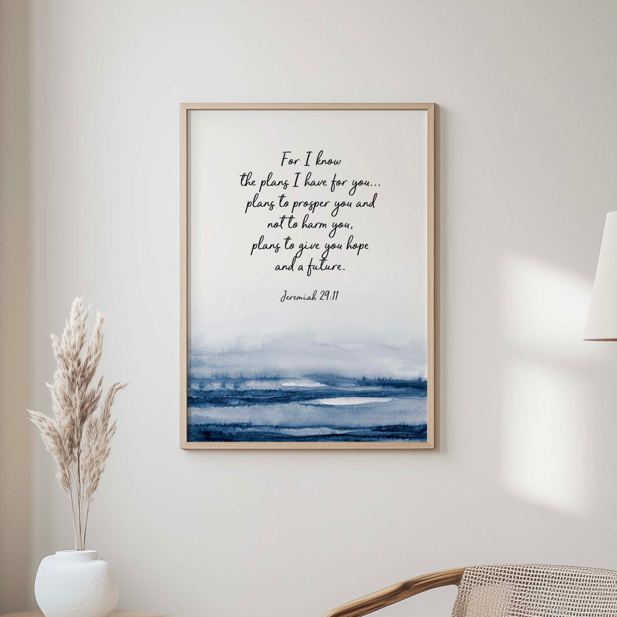 Jeremiah 29:11 - Christian Bible verse wall art featuring plans to give you hope scripture with serene indigo water background.