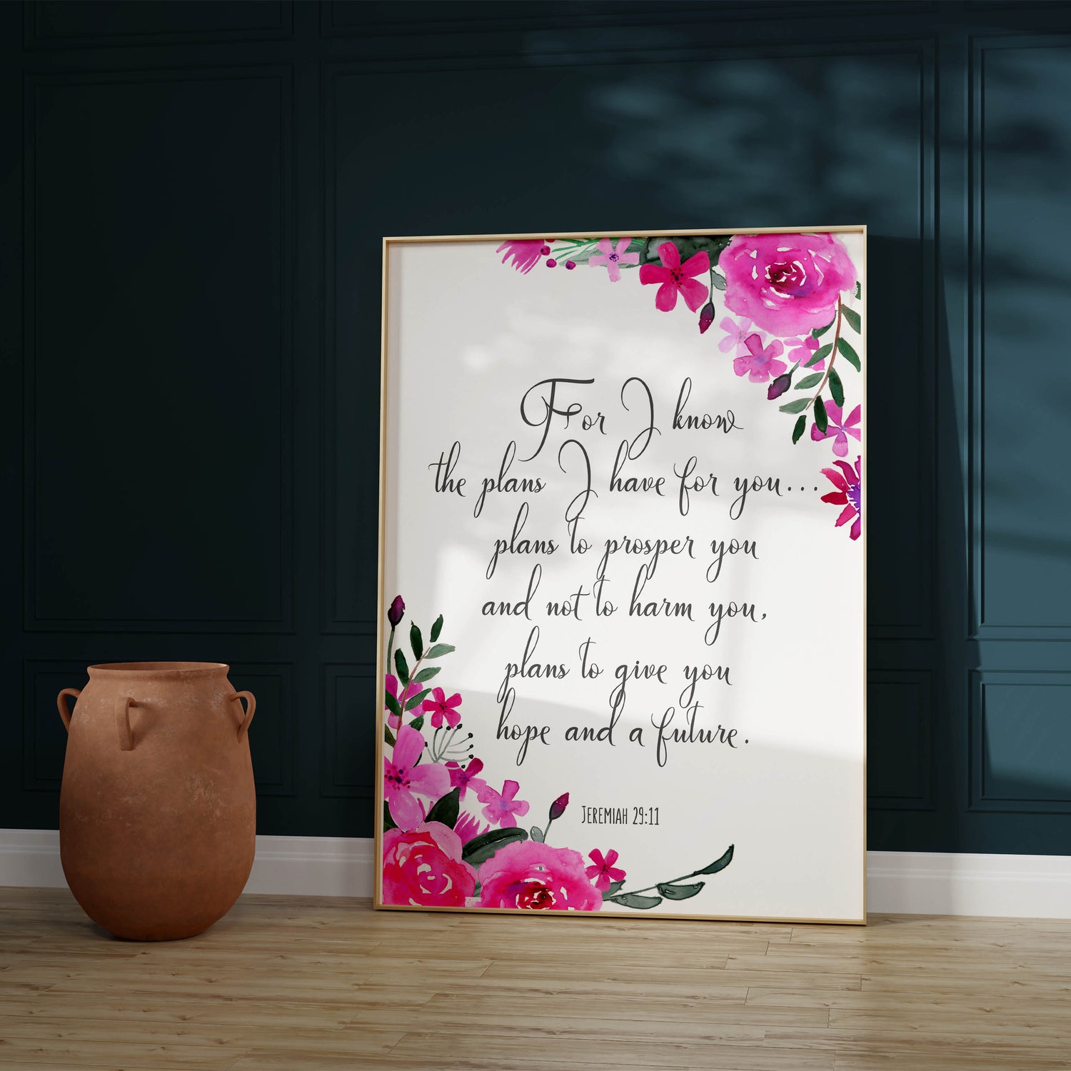 floral Bible verse wall art, Jeremiah 29:11 verse surrounded by flowers, Enhance your space with floral-themed Bible verse