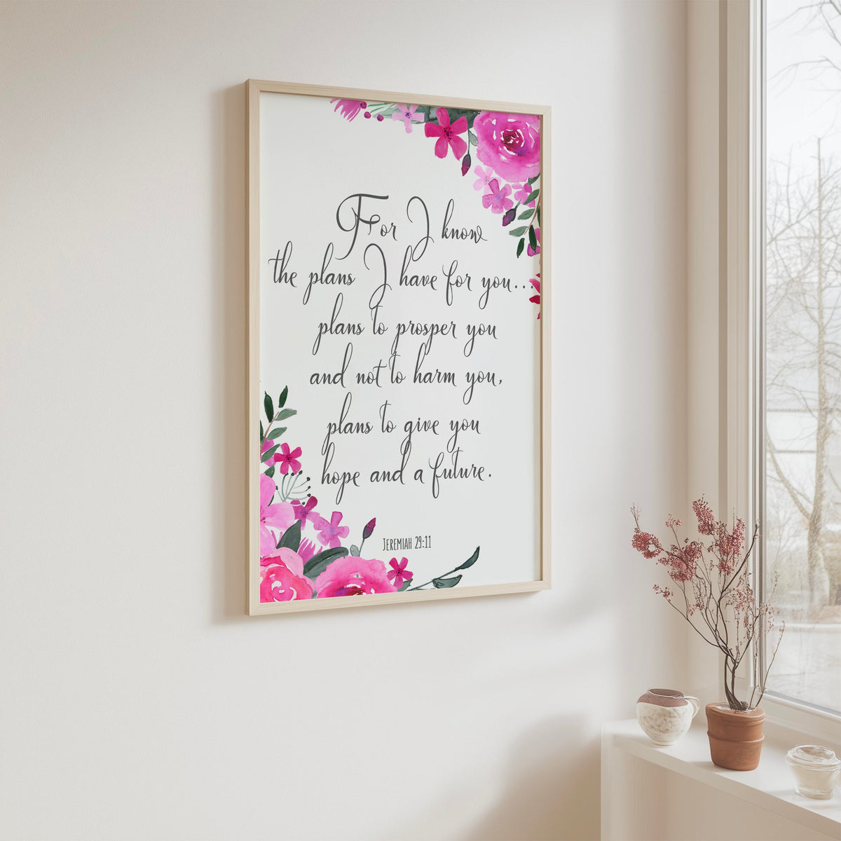 Jeremiah 29:11 - For I know the plans I have for you Bible verse print with pink and purple floral design Christian wall art.