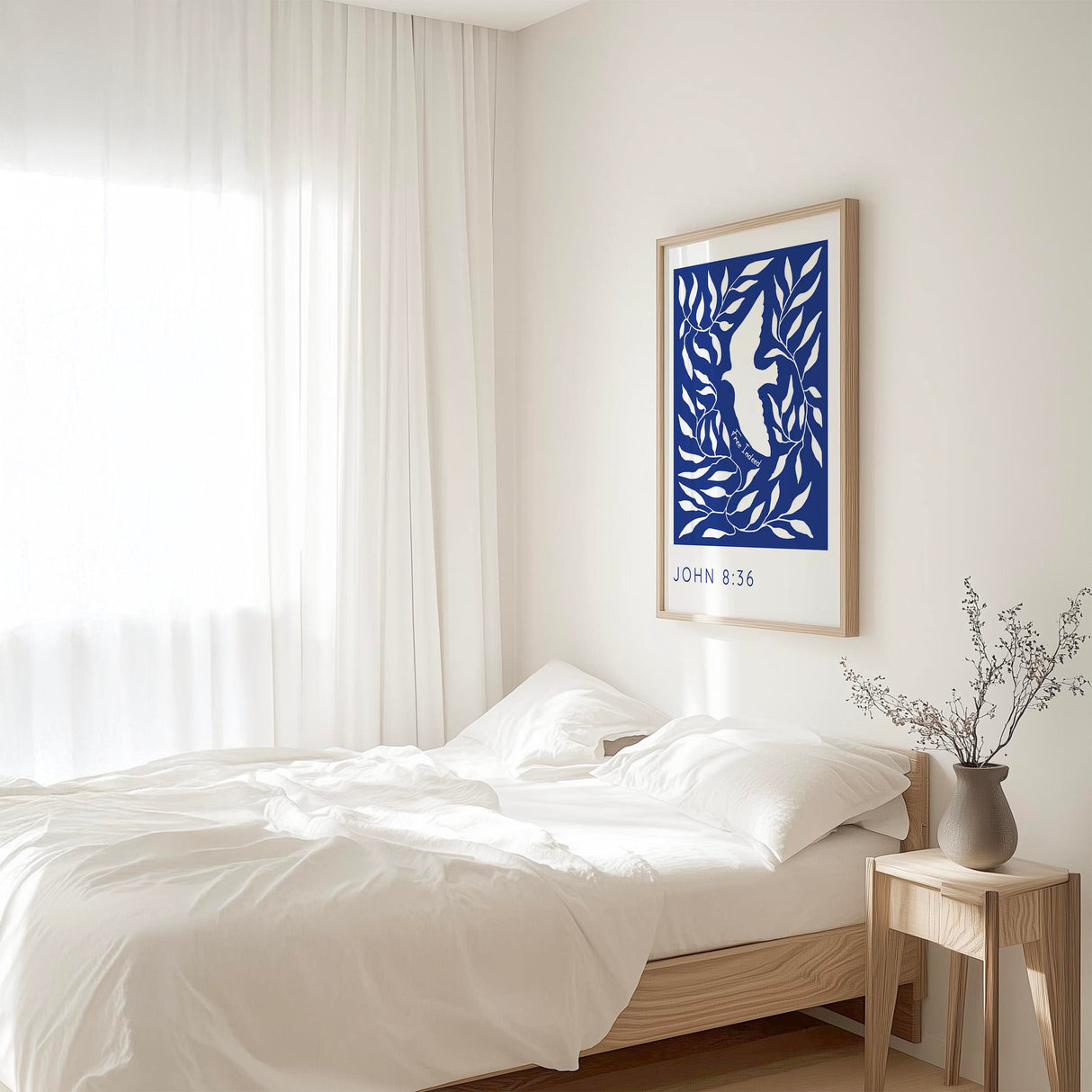 John 8:36 - Free Indeed Christian Bible verse wall art with bird imagery and delicate white vines symbolising freedom in Christ.