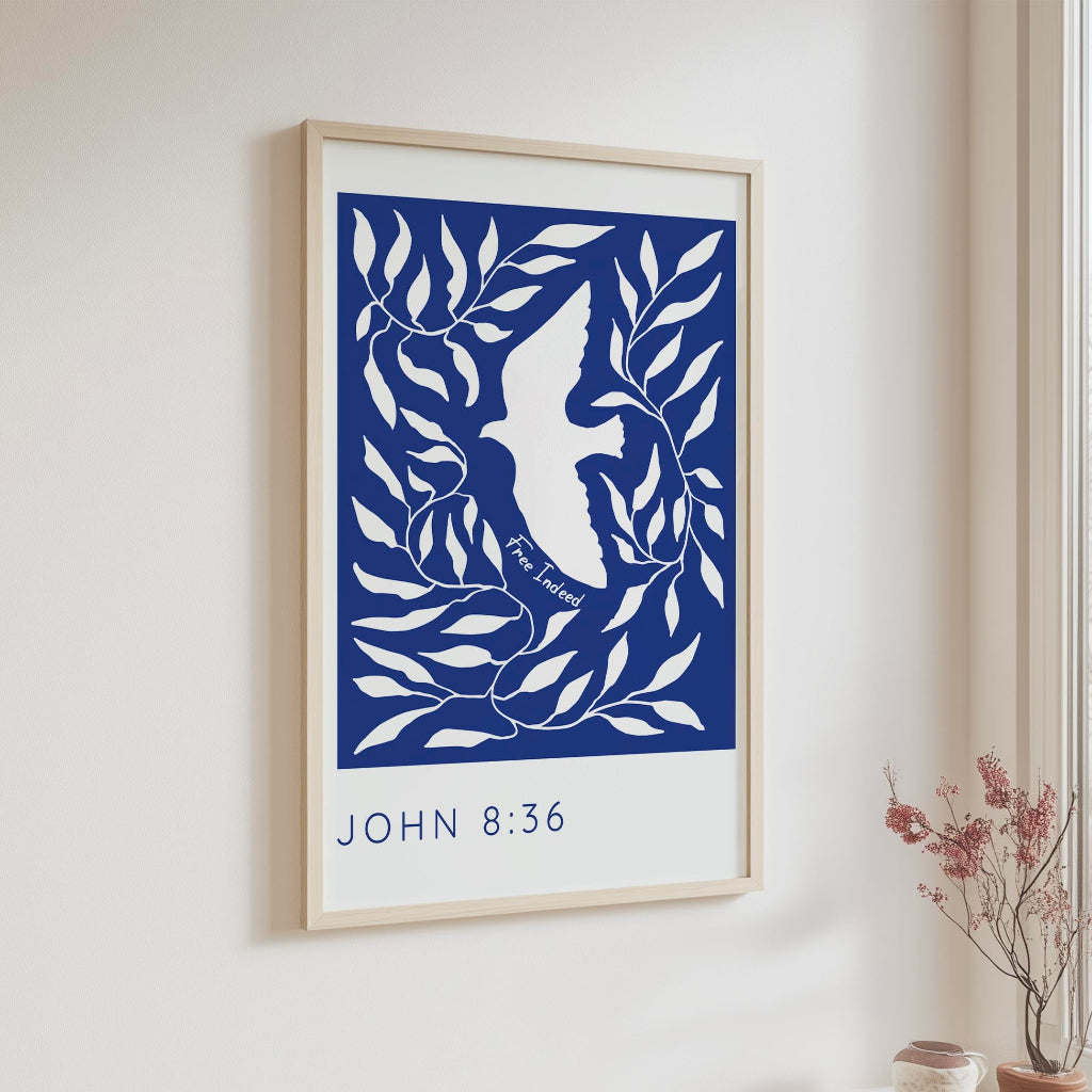 John 8:36 - Inspirational Christian wall art showing bird silhouette with scripture about spiritual freedom and faith.