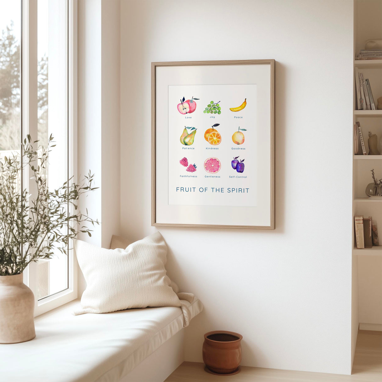 Galatians 5:22-23 - Christian wall art print featuring colourful watercolour fruits illustrating the Fruit of the Spirit Bible verse.
