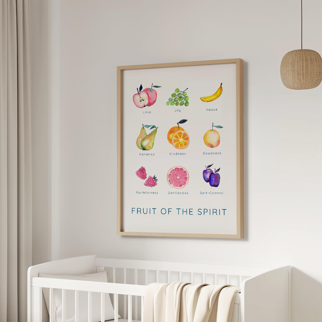 Galatians 5:22-23 - Fruit of the Spirit Christian Bible verse wall art with vibrant fruit illustrations and uplifting faith message.