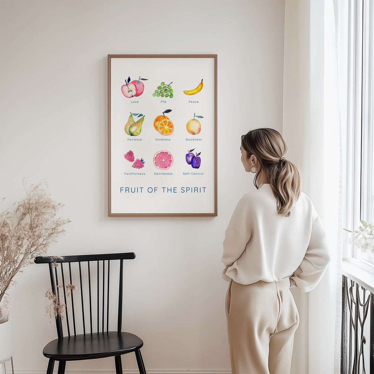 Galatians 5:22-23 - Christian kitchen wall art print with bright watercolour fruits and scripture about living by the Spirit.