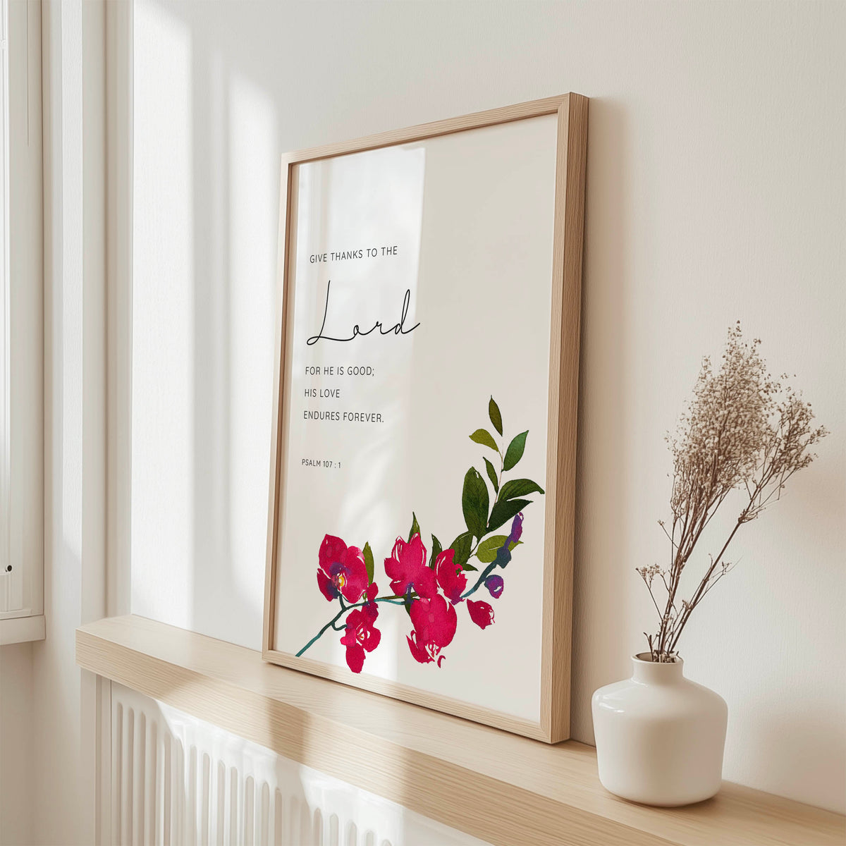 Give Thanks to the Lord Christian Wall Art Print, Floral Bible Verse