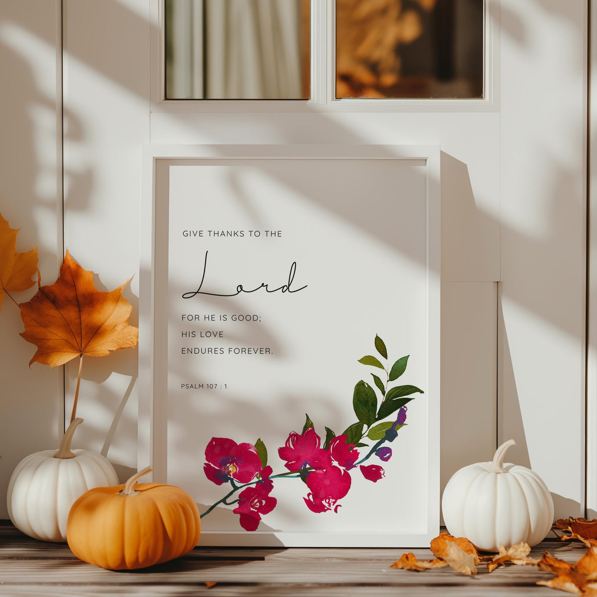 Give Thanks to the Lord Christian Wall Art Print, Floral Bible Verse