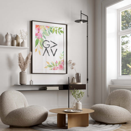 Inspirational God's strength print in UK style, Botanical elegance meets faith affirmation, God's greatness in floral Christian decor