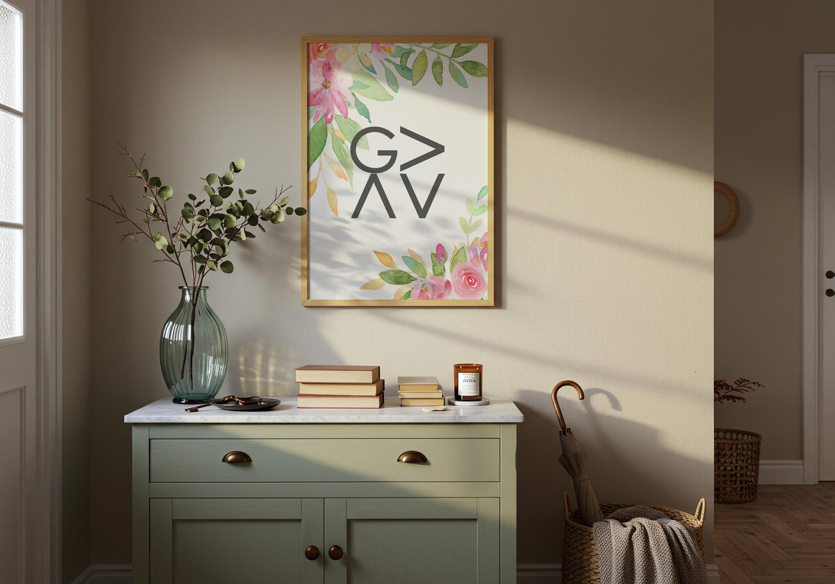 God Is Greater Than The Highs And Lows – Christian saying wall art featuring delicate florals and encouraging faith inspired words.
