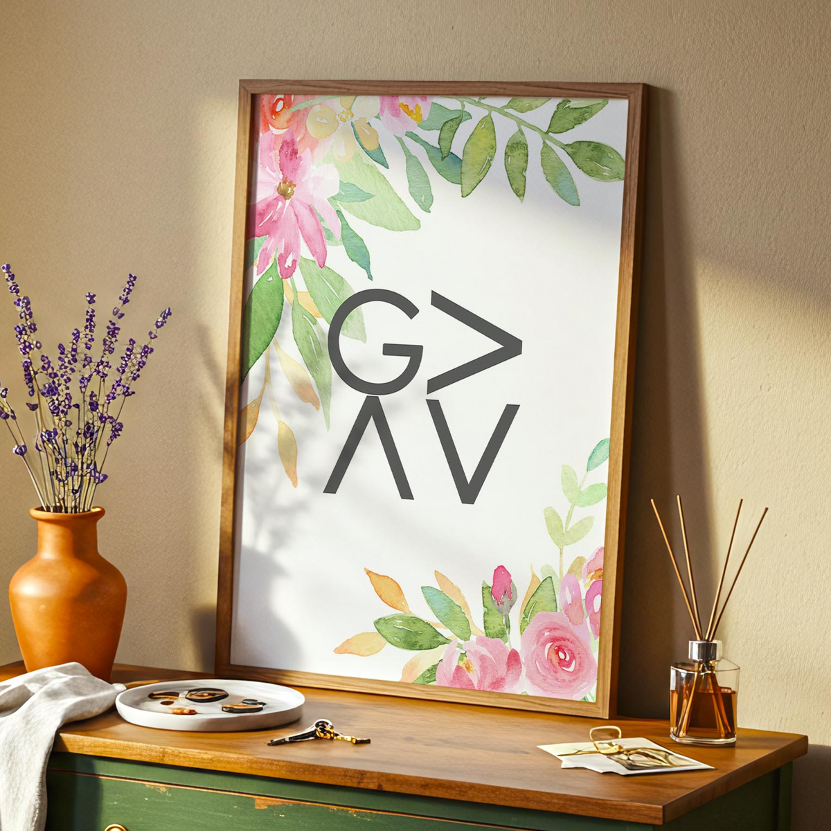 God Is Greater Than The Highs And Lows – Faith inspired wall art print with botanical watercolour design offering comfort and hope.