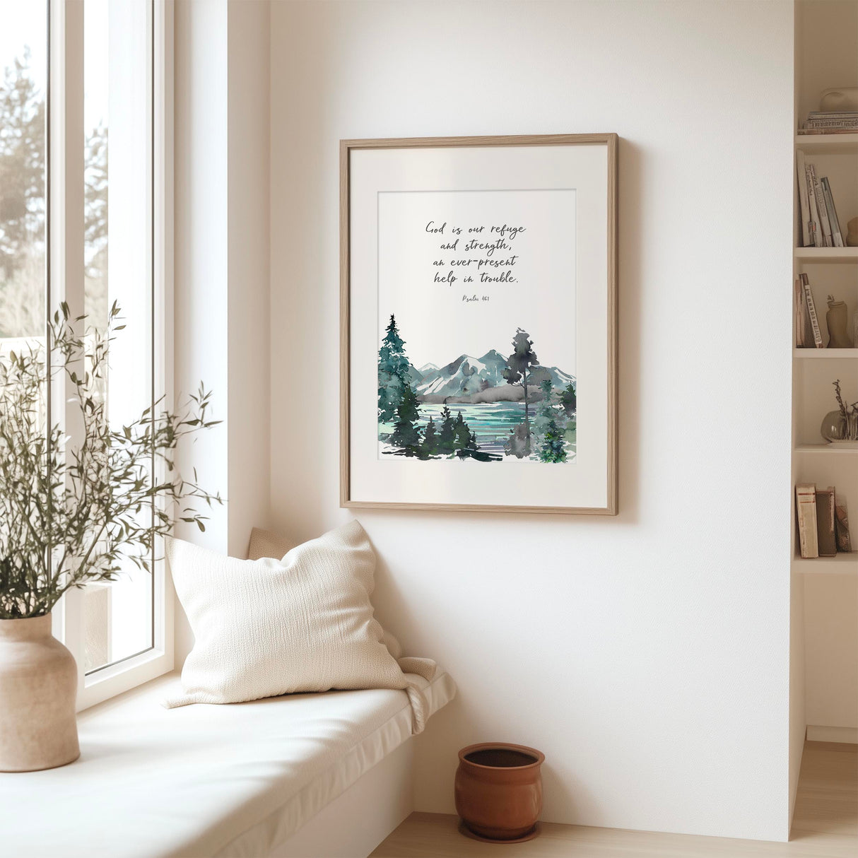 Psalm 46:1 - God is our refuge and strength scripture print with serene mountain artwork, Christian wall decor for home.