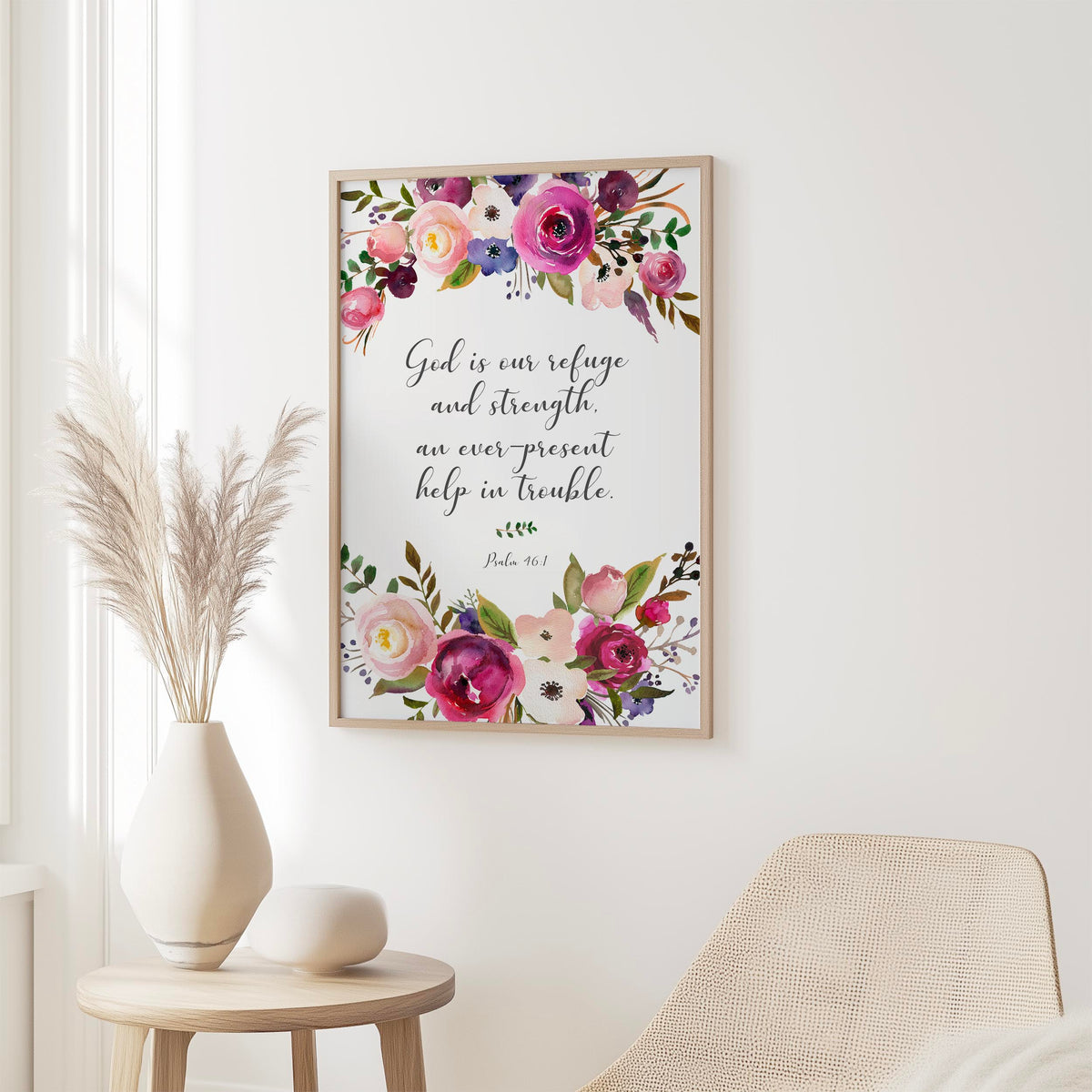 Serene Christian art print showing soft pink and burgundy florals framing Psalm 46:1, symbolising God’s refuge, strength, and presence.