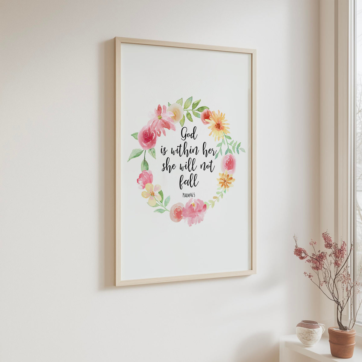 Psalm 46:5 – Bible verse wall art featuring delicate flowers and scripture about strength and steadfast faith.