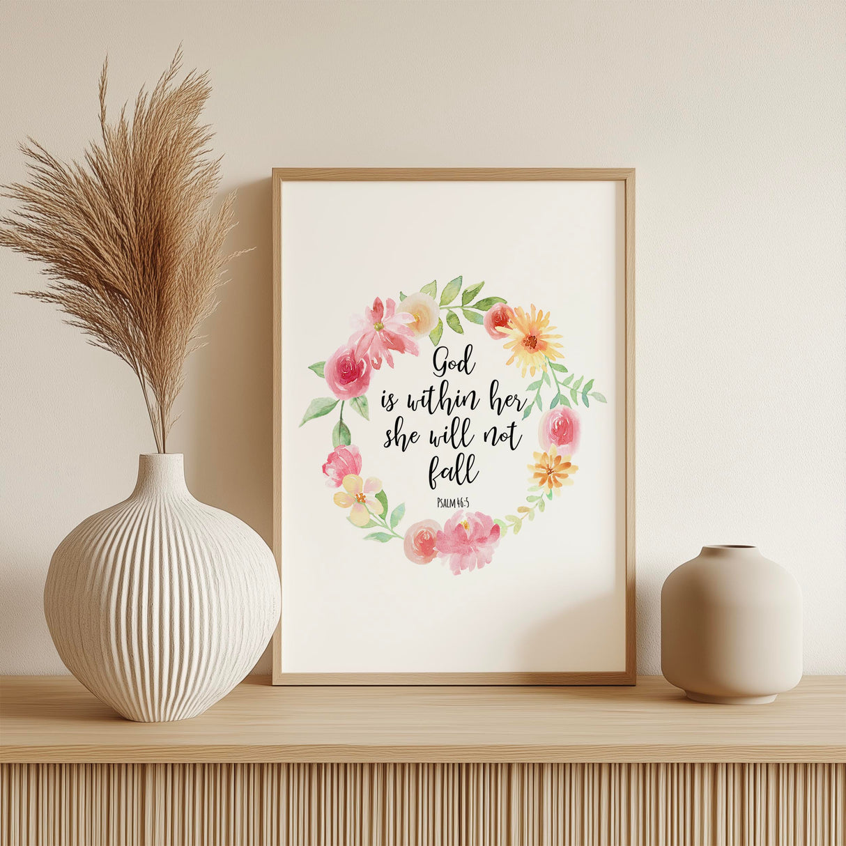 Psalm 46:5 – God is within her Christian wall art with pretty floral design and empowering scripture.