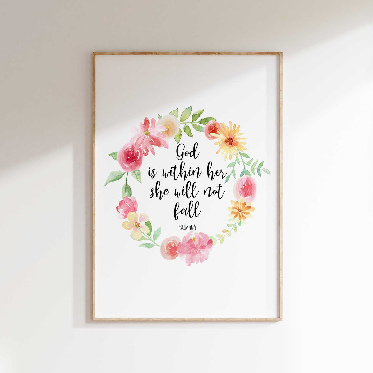 God Is Within Her Scripture Wall Art Print, Psalm 46 5 Bible Poster, Inspirational Psalm 46:5 floral wall art