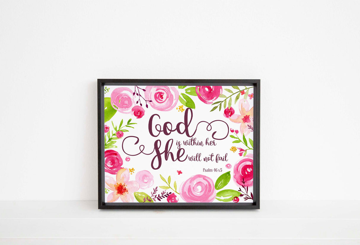 God Is Within Her Christian Wall Art Print, Psalm 46 5 Bible Verse, Inspirational floral Bible verse wall art