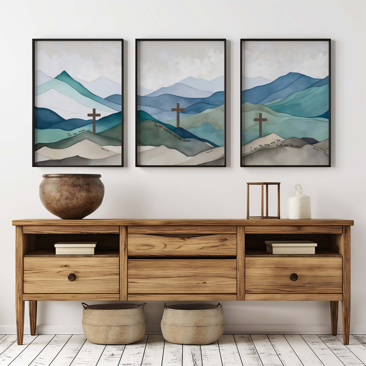 Matthew 28:6, Isaiah 53:5, John 14:6 – Bible verse wall art set of three featuring crosses and serene mountain landscapes.