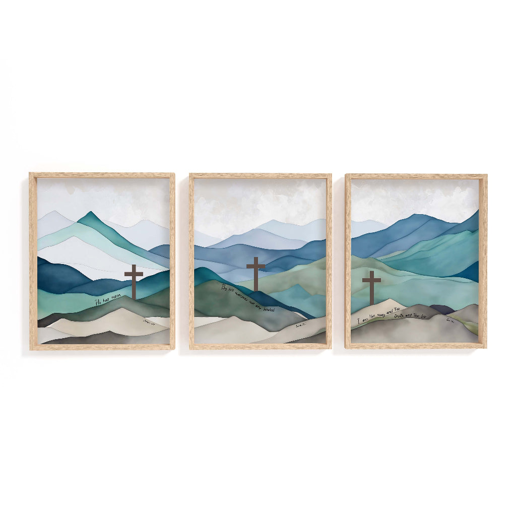 Matthew 28:6, Isaiah 53:5, John 14:6 – Christian scripture wall art set with three crosses symbolising resurrection, healing and salvation.