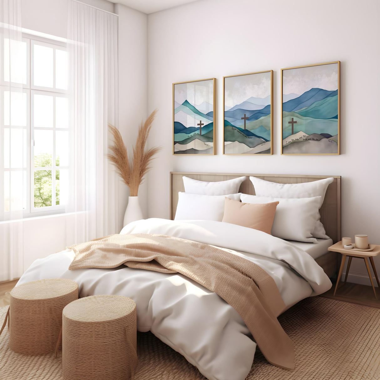 Matthew 28:6, Isaiah 53:5, John 14:6 – Christian wall art triptych with three crosses and blue green mountain scripture prints.
