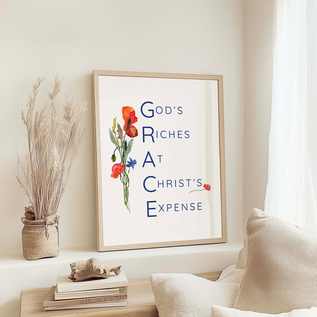 GRACE - Christian wall art print featuring wildflower bouquet and faith typography explaining God’s Riches At Christ’s Expense.