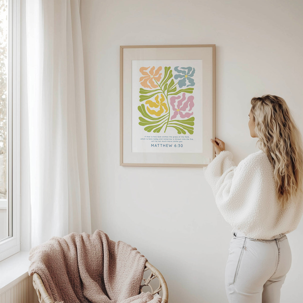 Matthew 6:30 - Christian scripture wall art print with modern floral design and reassuring Bible verse for home decor.