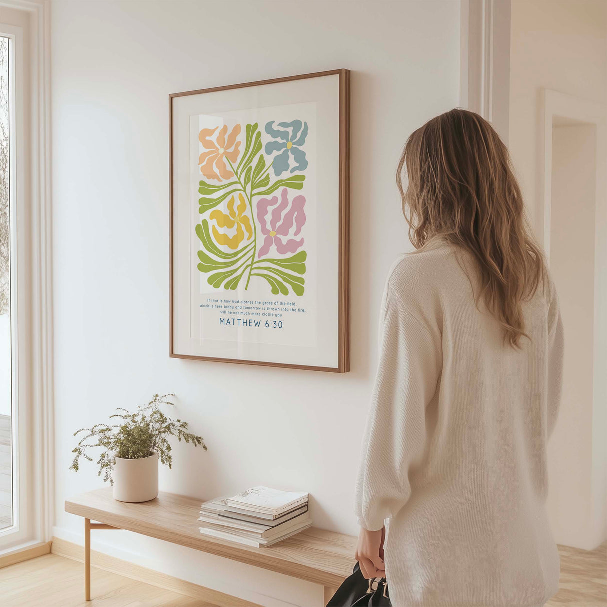 Matthew 6:30 - Grass of the field Christian wall art print with Matisse style floral design and comforting Bible verse decor.