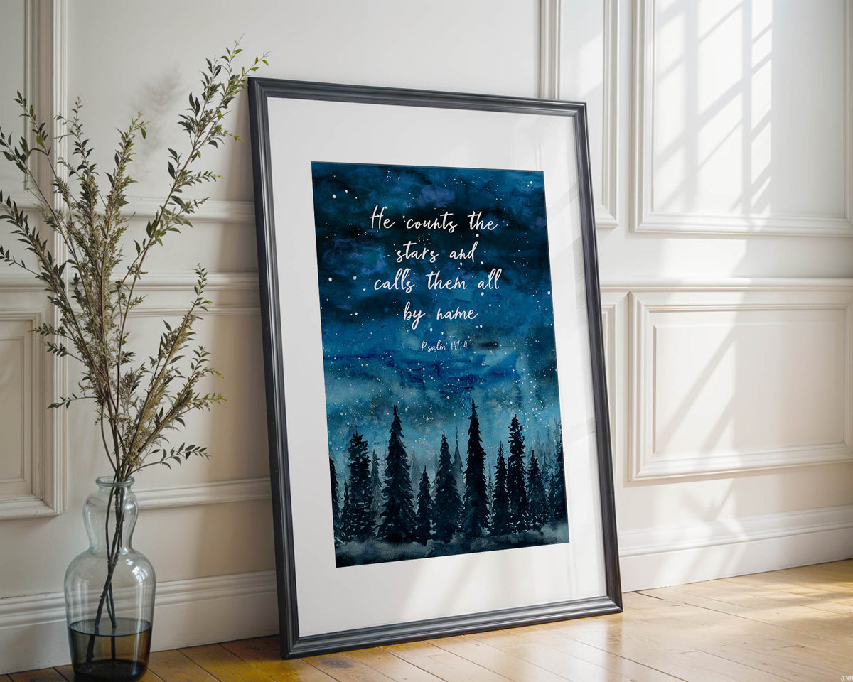 Scripture wall art showing a tranquil forest under a glowing starry night sky, featuring the Bible verse Psalm 147:4.