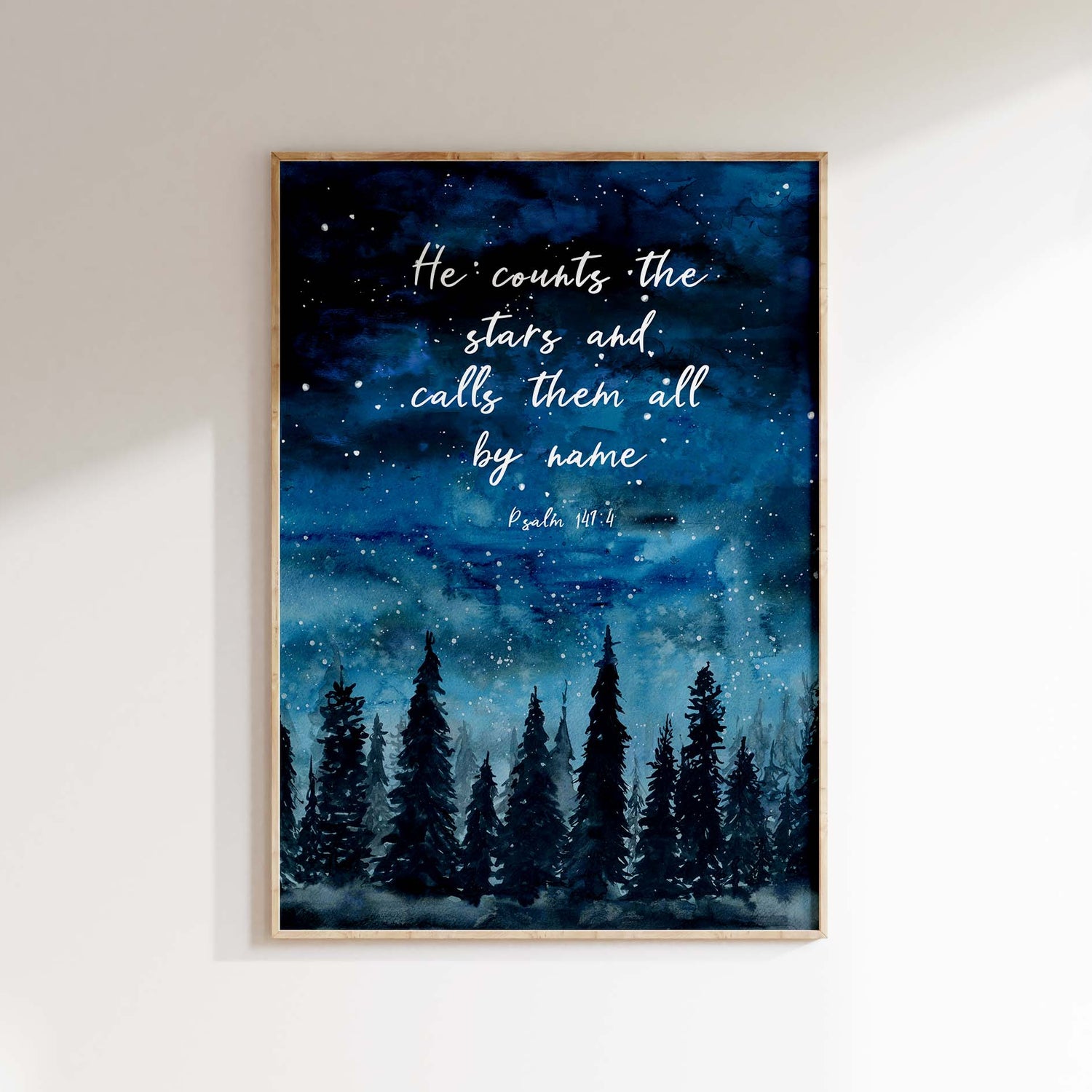 He Counts the Stars Christian Wall Art Print Forest Scripture Poster, Psalm 147:4 starry forest night bible verse print