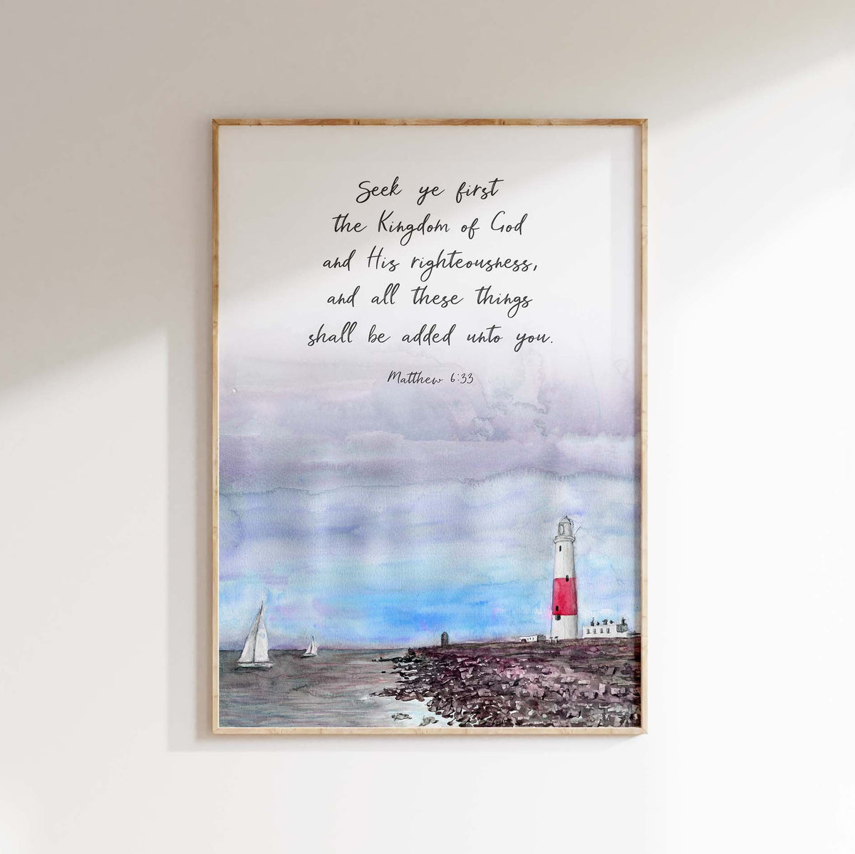 Matthew 6:33 - Seek ye first the Kingdom of God Bible verse wall art featuring peaceful harbour and lighthouse seascape.