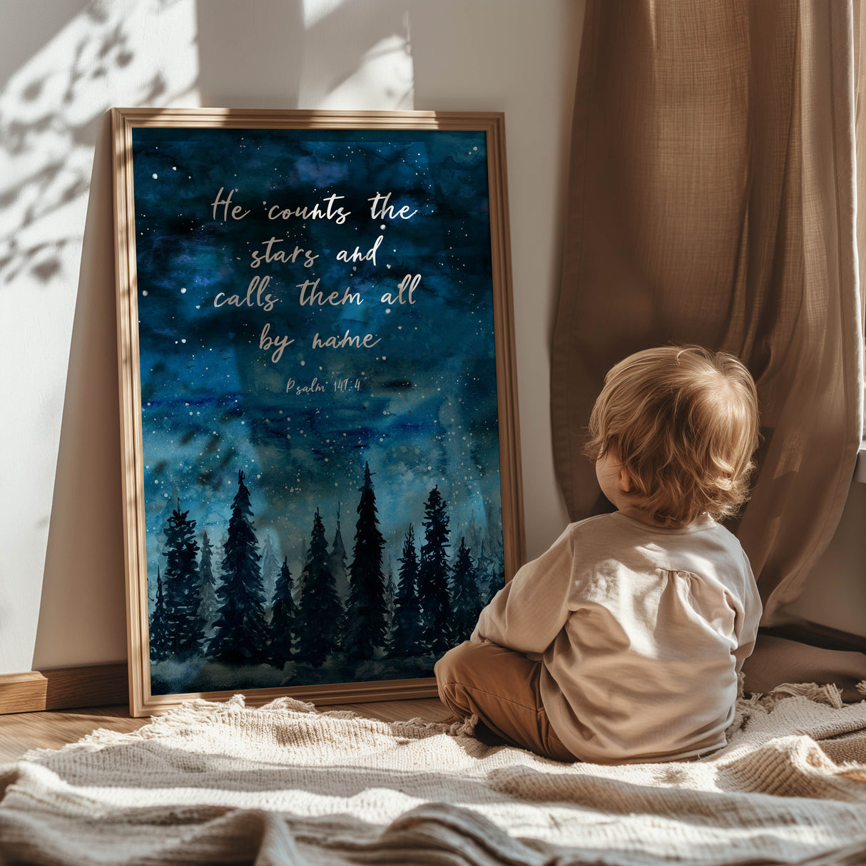 Bible verse wall art displaying “He counts the stars and calls them all by name” from Psalm 147:4, set against a deep blue night sky and woodland landscape.