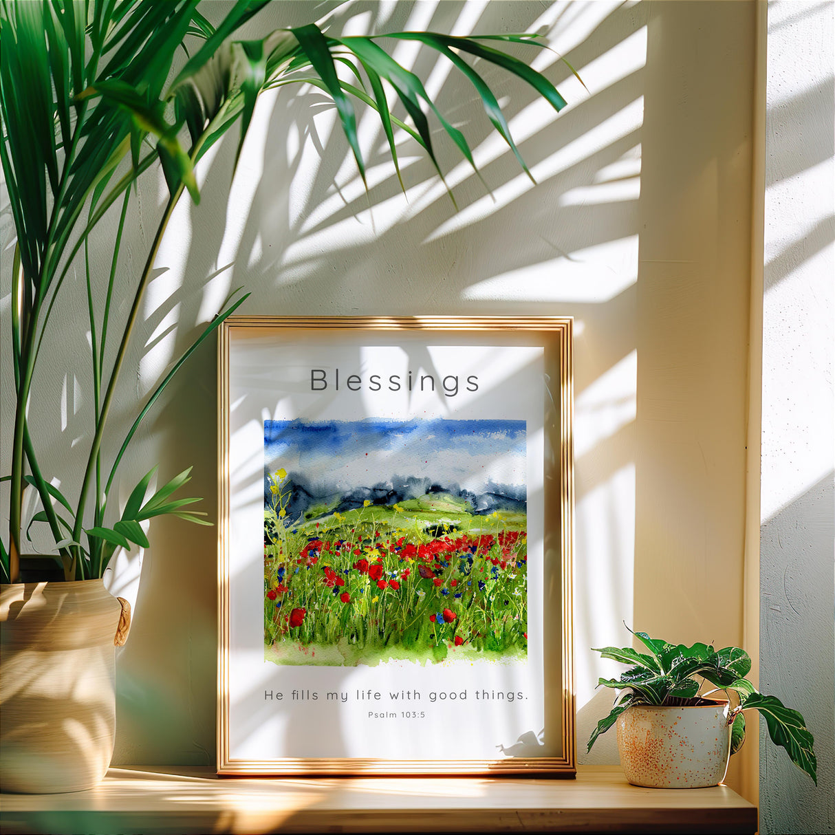 Psalm 103:5 – Bible verse wall art featuring soft wildflower meadow and scripture about God’s provision and blessings.