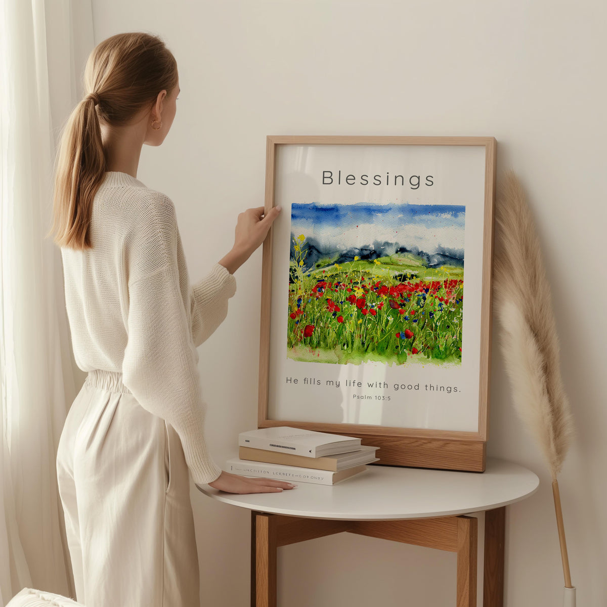 Psalm 103:5 – Christian scripture wall art with nature inspired meadow scene and uplifting Bible verse about gratitude.