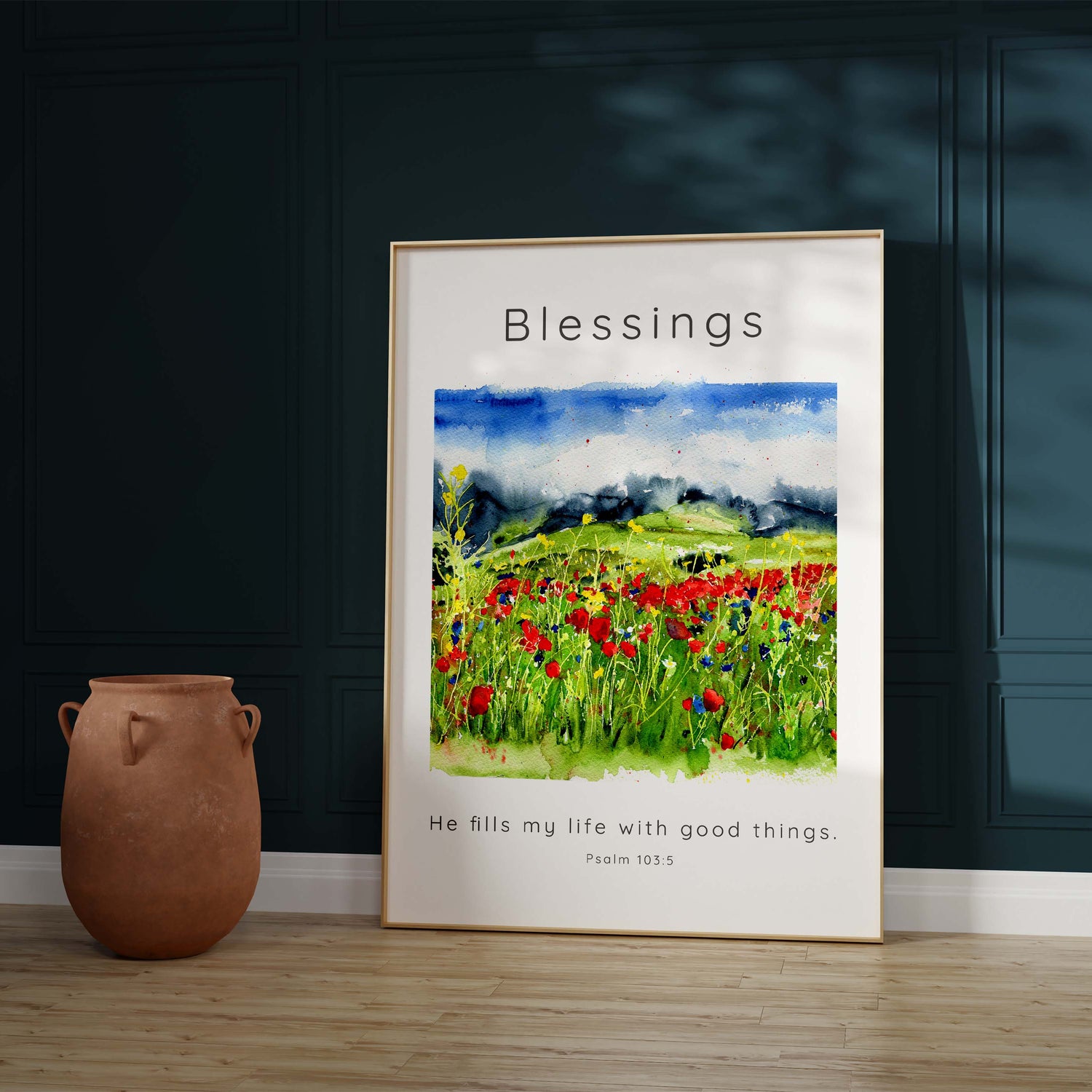 He Fills My Life With Good Things Christian Wall Art Scripture Print, Wildflower meadow watercolour print with Psalm 103:5