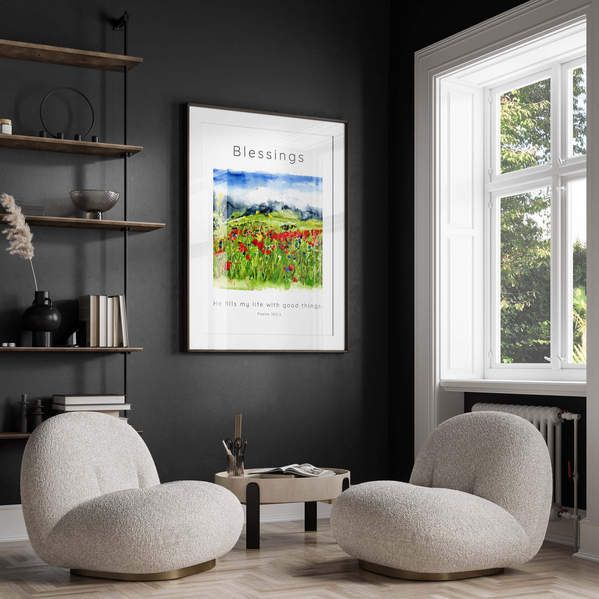 Christian wall decor with wildflower meadow illustration, Encouraging scripture print for gratitude, Psalm 103:5 prints