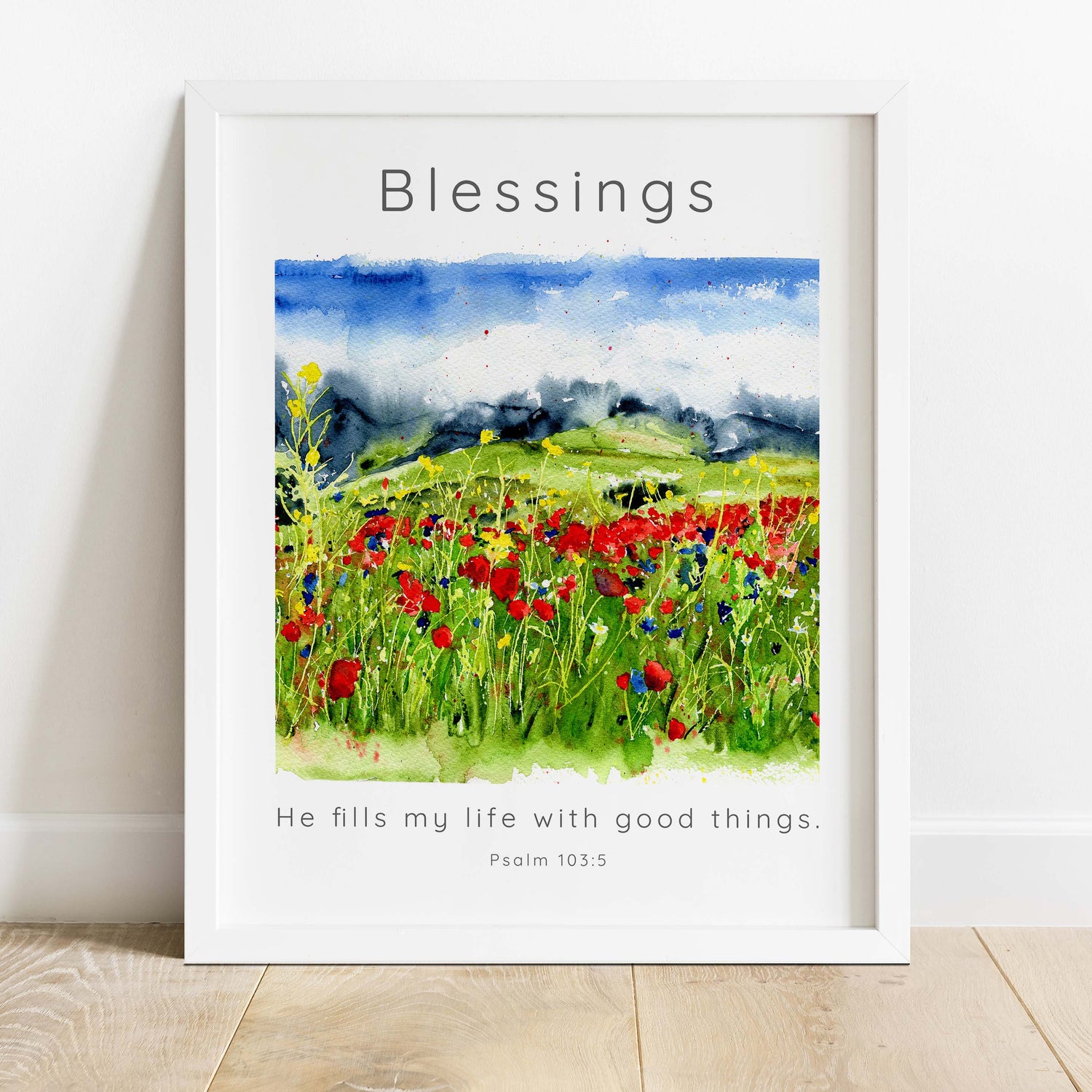 Psalm 103:5 watercolour print for spiritual upliftment, Wildflower meadow artwork with divine provision theme