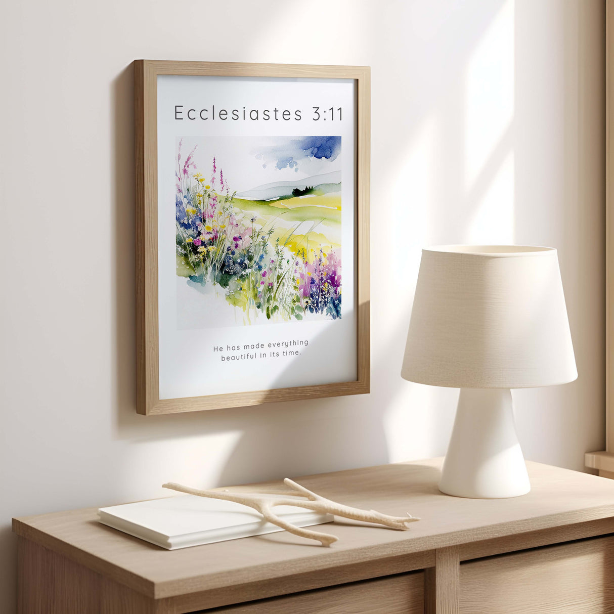 Ecclesiastes 3:11 – Scripture wall art with colourful flower meadow and Bible verse celebrating God’s beautiful design.