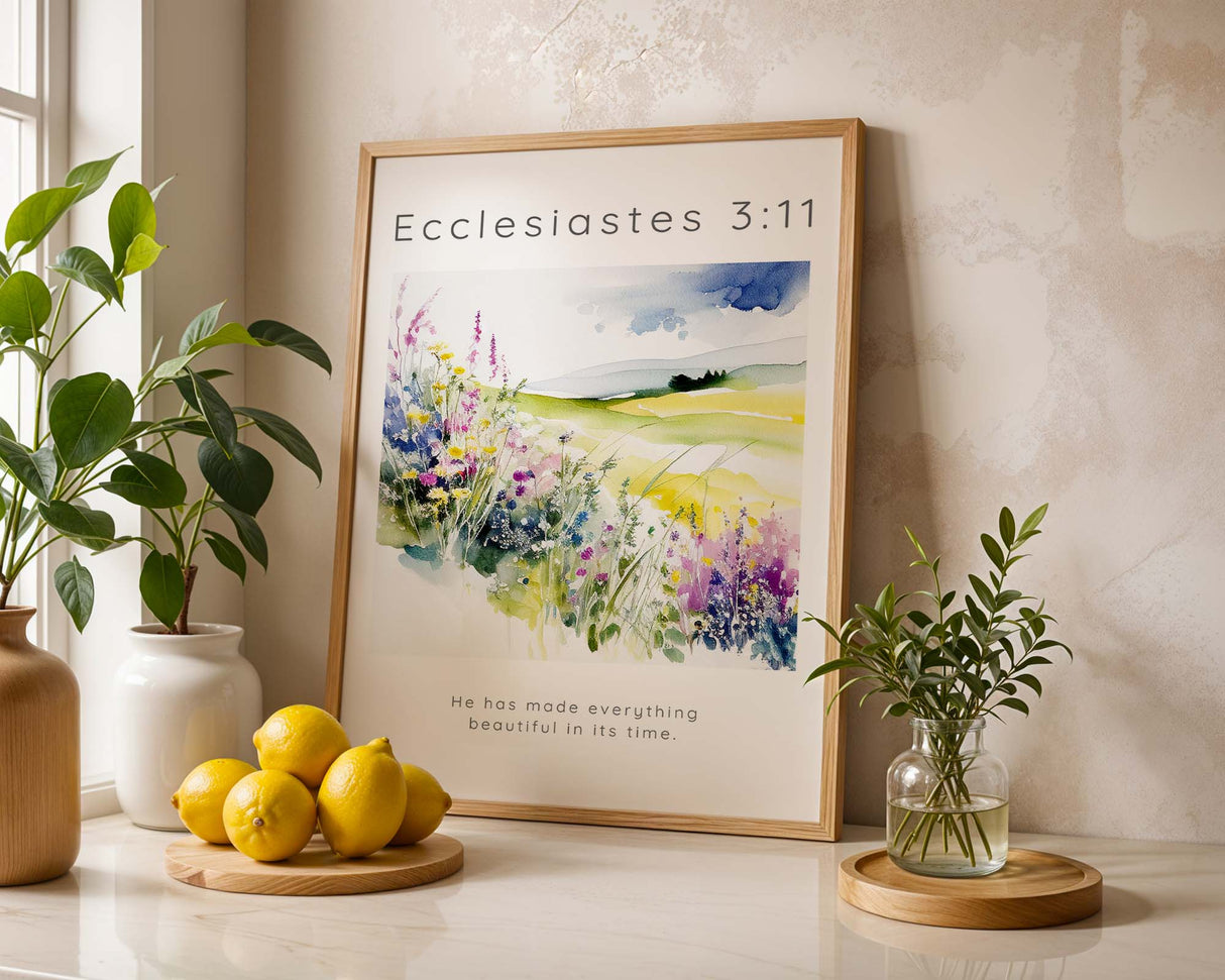 Ecclesiastes 3:11 – Bible verse wall art featuring flower meadow illustration and scripture about God’s perfect timing.