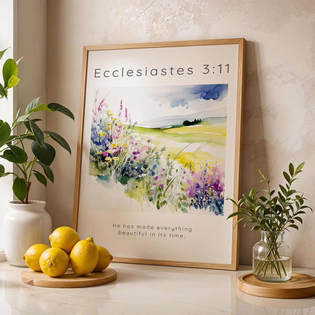 Ecclesiastes 3:11 – Bible verse wall art featuring flower meadow illustration and scripture about God’s perfect timing.