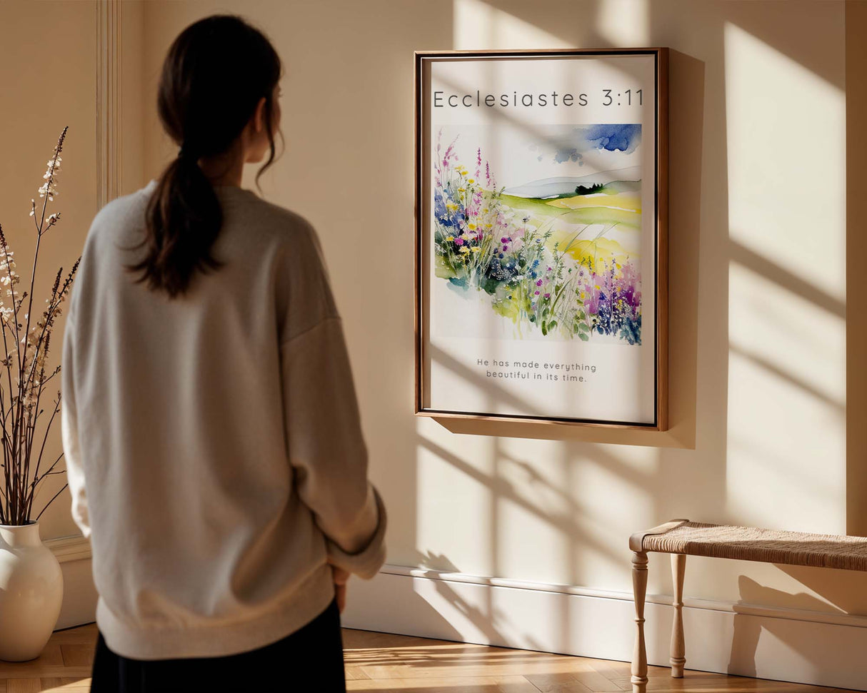 Ecclesiastes 3:11 – Christian floral wall art print with meadow flowers and comforting Bible verse about beauty and faith.