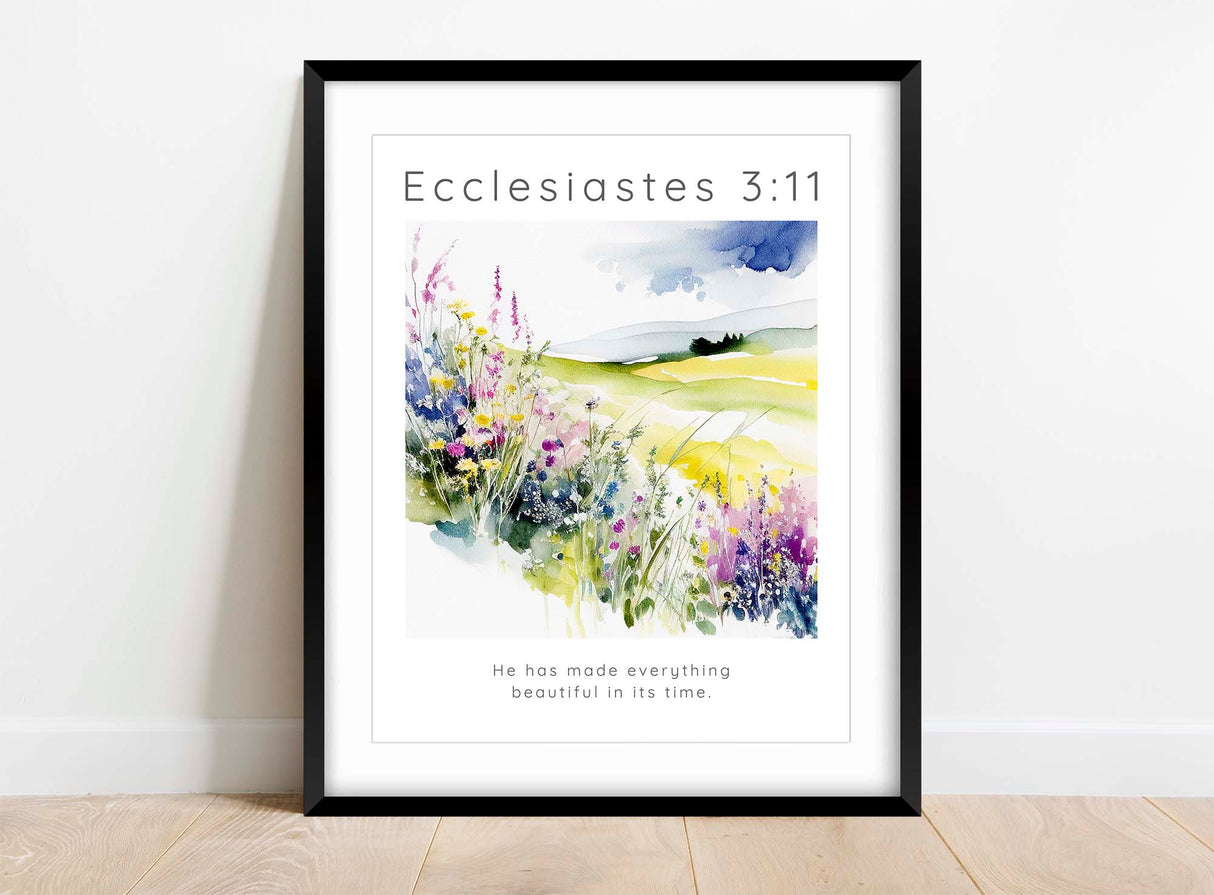Nature-inspired scripture artwork for walls, Meaningful Ecclesiastes quote floral print gift, flower meadow Ecclesiastes print