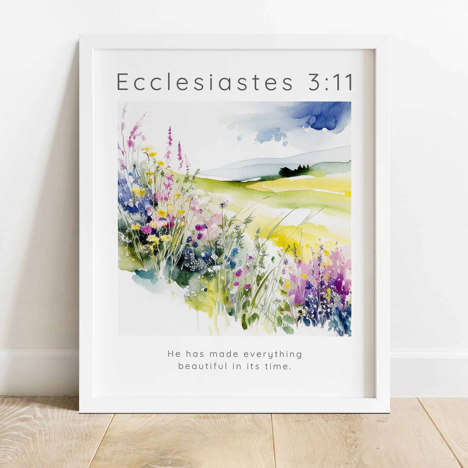 Serene nature print with biblical verse, Floral meadow décor featuring Ecclesiastes quote, Timeless wisdom floral wall decor